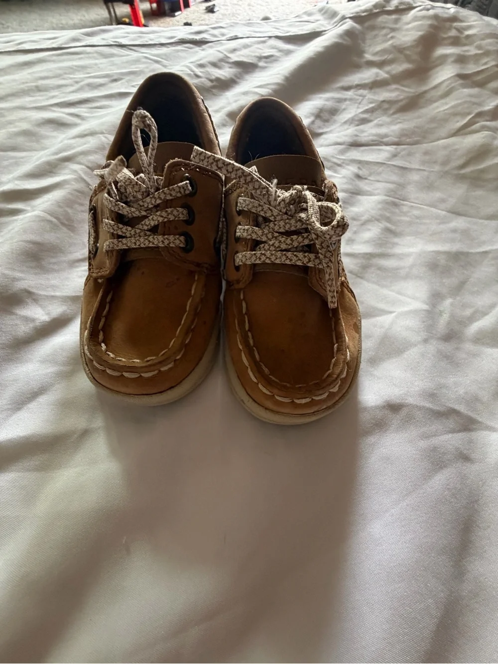 Sperry Boys' Tan Moccasin Boat Shoes with Patterned Laces